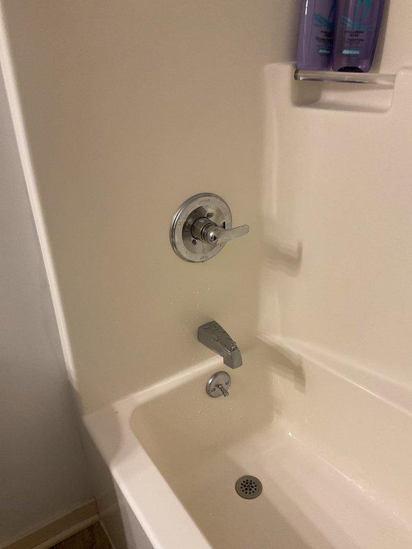 Responded to emergency plumbing call for leaking bathtub that required customer to shut off main water supply. Upon arrival, inspected tub and shower assembly including chrome fixtures, spout with diverter mechanism, single-handle shower valve control, and drain assembly to identify source of leak. Documented existing conditions of white fiberglass tub enclosure and all plumbing components with photos for service records.