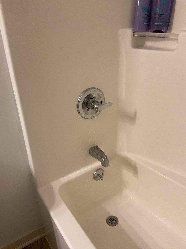 Responded to emergency plumbing call for leaking bathtub that required customer to shut off main water supply. Upon arrival, inspected tub and shower assembly including chrome fixtures, spout with diverter mechanism, single-handle shower valve control, and drain assembly to identify source of leak. Documented existing conditions of white fiberglass tub enclosure and all plumbing components with photos for service records.