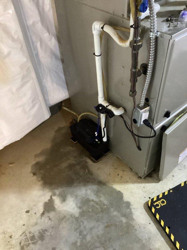 Completed comprehensive AC Super Tune-up on 12-year-old system that was producing abnormal noise. Performed full system inspection, tested all electrical components, cleaned condenser coils, checked refrigerant levels, lubricated moving parts, and tightened all connections. Verified condensate pump operation and drainage system functionality due to visible water staining on basement floor. System restored to optimal operating condition with noise issue resolved.