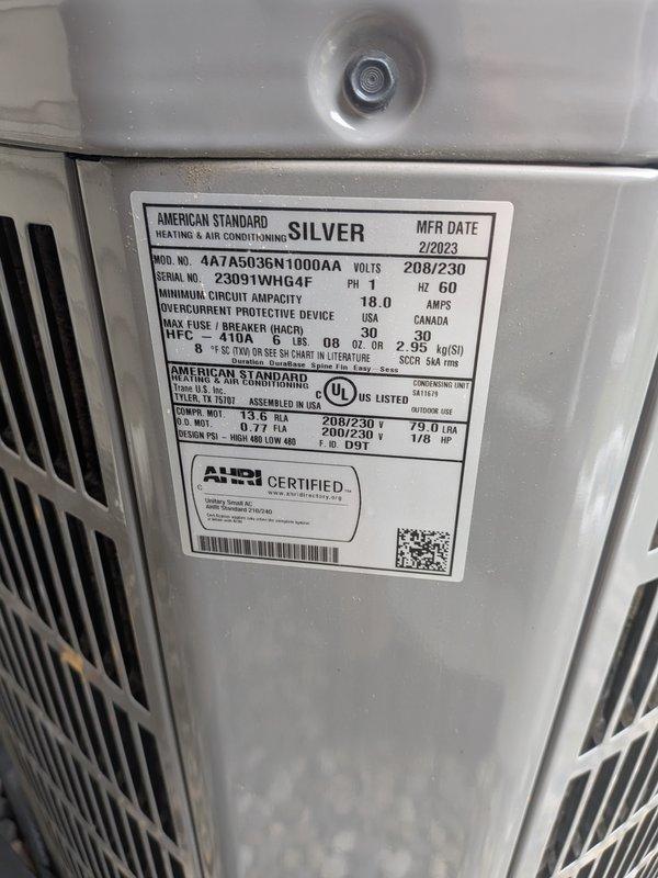 Responded to no-cooling complaint on residential air conditioning system. Upon arrival, inspected American Standard 4-ton condenser unit (Model 4A7A5036N1000AA, manufactured February 2023) and Trane evaporator coil (Model 4PXCBU36B53HABV, manufactured March 2023). System had been running continuously without achieving temperature setpoint. Performed diagnostic evaluation of both outdoor condensing unit and indoor air handler components. Documented equipment nameplate information and current operating conditions with photographs for service records. System uses R-410A refrigerant and operates on 208/230V electrical supply.