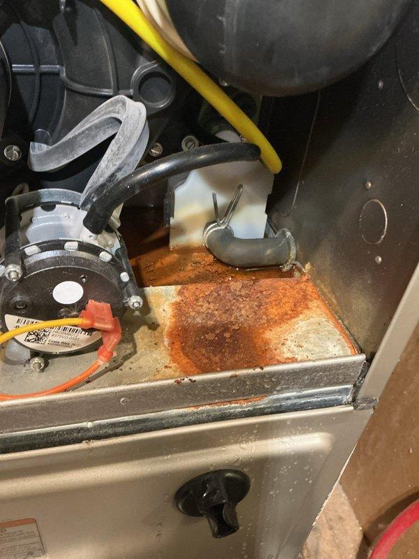 Responded to no cooling complaint on five-year-old Payne system with condenser freezing issues. Upon inspection, discovered significant rust corrosion on evaporator coil drain pan and evidence of restricted airflow. Identified compromised condensate drainage system with visible corrosion affecting system performance. Inspected air handler cabinet, blower assembly, and electrical connections. Documented extensive rust damage on internal components and evaluated overall system condition. Advised customer of findings and provided recommendations for necessary repairs to restore proper cooling operation and prevent further component deterioration.