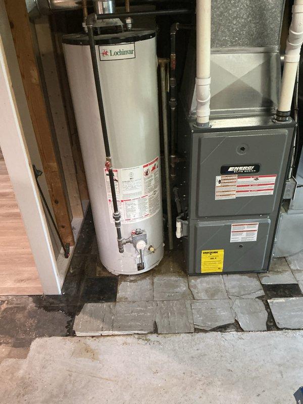 Completed water heater estimate for 16-year-old Lochinvar unit located in basement utility area alongside Precise Comfort furnace. Documented existing installation including all piping connections, venting configuration, and surrounding mechanical infrastructure through detailed photography for replacement proposal.