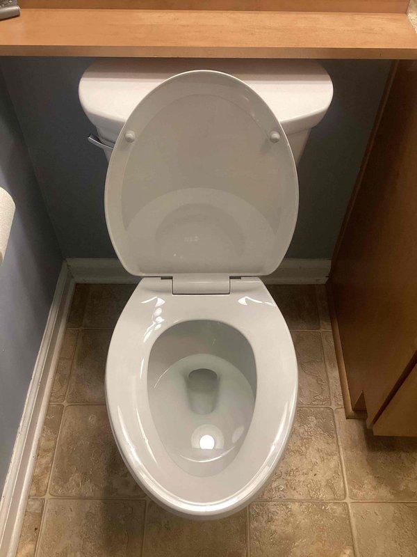 Removed existing toilet and installed replacement unit at different height per customer request. New white porcelain toilet installed in powder room with proper sealing and connection to existing drain line. Verified proper flush operation, checked for leaks at tank and bowl connections, and confirmed stable mounting to floor. All plumbing connections tested and functioning correctly upon completion.