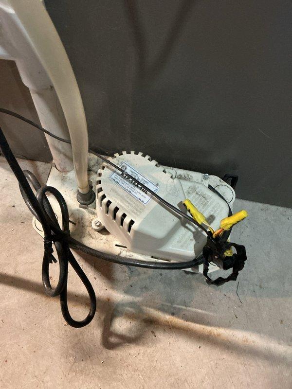 Responded to no cooling complaint on 23-year-old Bryant air conditioning system. Upon inspection, found failed condensate pump preventing proper system operation. Removed and replaced defective condensate pump unit with new assembly, reconnected drainage lines and electrical connections, and verified proper pump operation and system functionality before departure.