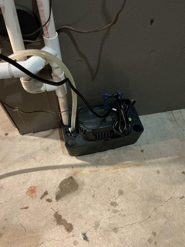 Responded to no cooling complaint on 23-year-old Bryant air conditioning system. Upon inspection, found failed condensate pump preventing proper system operation. Removed and replaced defective condensate pump unit with new assembly, reconnected drainage lines and electrical connections, and verified proper pump operation and system functionality before departure.