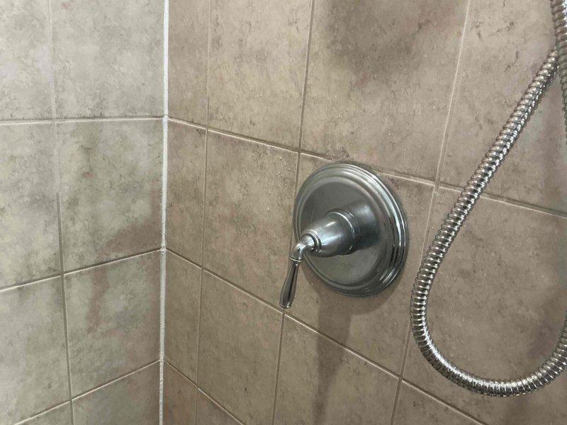 Completed replacement of Kohler shower fixture components and installed new showerhead assembly in tiled shower enclosure. The installation included mounting a chrome handheld shower wand with flexible metal hose and holder bracket, along with a curved shower arm supporting a round showerhead, ensuring proper function and secure positioning on the ceramic tile wall.