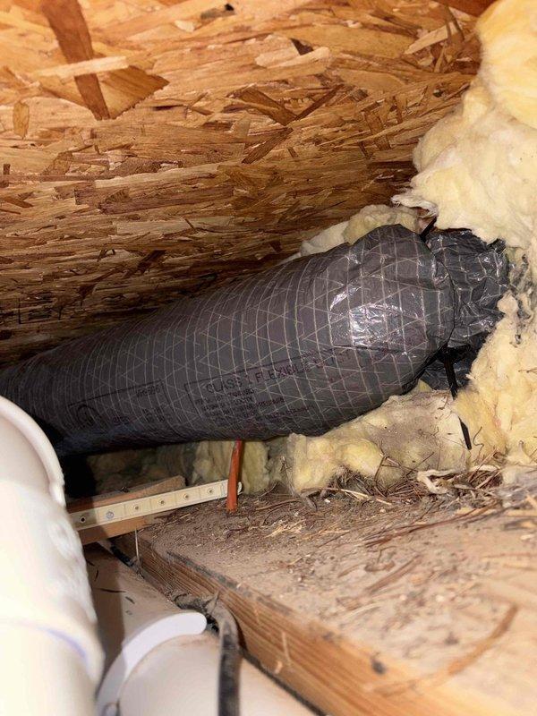 Responded to service call for damaged flex ductwork near exterior wall that allowed wildlife intrusion into the home. Located torn section of flexible duct in attic space adjacent to exterior vent, removed bird and debris from affected ductwork, and sealed the compromised section to prevent future wildlife entry and maintain proper airflow integrity.