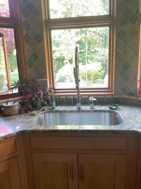 Responded to service call for reported basement leak and water filtration system inquiry. Upon inspection, documented existing plumbing fixtures including kitchen undermount sink with chrome pull-down faucet and related counter-mounted accessories. Assessed current plumbing configuration and photographed installation areas to evaluate filtration system options and identify potential leak sources. Customer seeking single or dual filtration system installation; provided recommendations for appropriate water treatment solutions based on household needs and existing plumbing infrastructure.