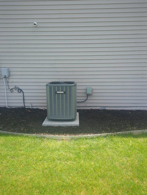 Completed full HVAC system installation including new furnace and air conditioning unit. Installed outdoor condenser unit on concrete pad with proper electrical disconnect and metering, mounted indoor furnace and air handler in utility room with all necessary ductwork connections, condensate drain lines, and PVC venting. All equipment properly wired, piped, and secured per manufacturer specifications and local codes.