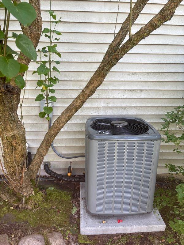 Completed full air conditioning system replacement including outdoor condenser unit and indoor blower motor assembly. Installed new condenser on existing concrete pad against exterior wall with proper refrigerant line connections and electrical conduit routing. Replaced blower motor, verified all electrical specifications per manufacturer requirements, confirmed proper refrigerant charge levels, and tested system operation to ensure optimal performance.