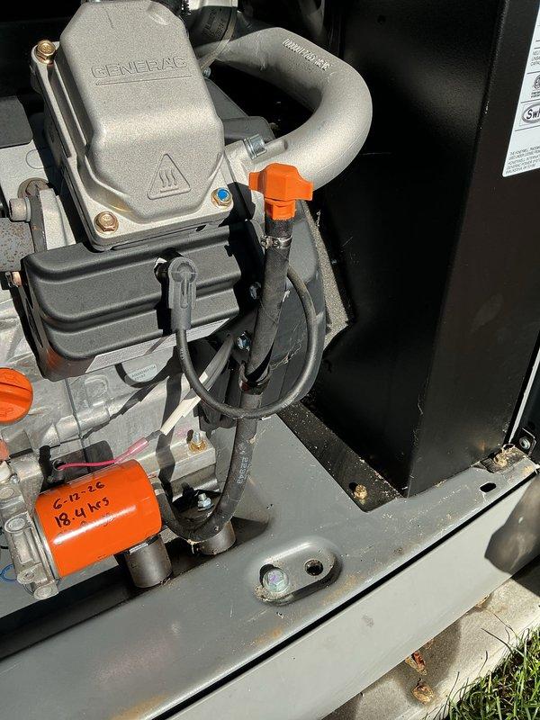 Completed scheduled 2-year complementary tune-up on Generac standby generator unit with no issues found. Performed comprehensive inspection of all major components including gas regulator assembly, valve connections, control panel, and motor assembly. All systems tested and verified operational, with proper connections secured and equipment confirmed in good working condition.