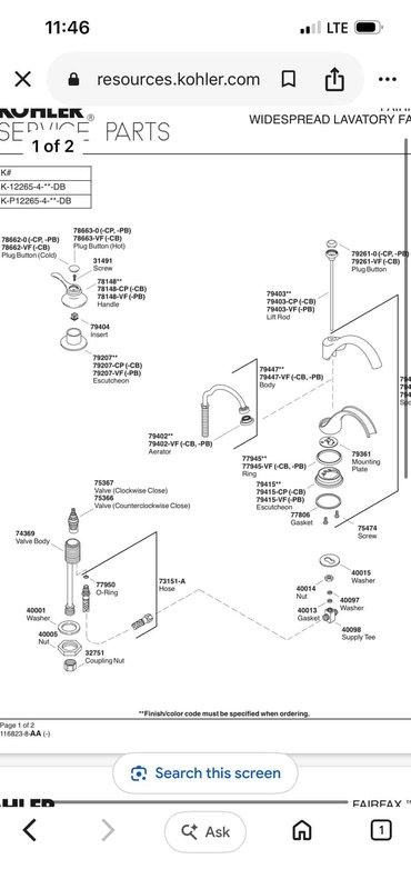 Returned to address faucet aerator issue on Kohler Fairfax widespread lavatory faucet. Upon inspection, determined that the spout lacks the standard threaded groove connections required for aerator installation. Referenced Kohler service parts diagram to verify proper replacement component needed. Will schedule follow-up visit to install correct spout assembly with appropriate aerator threading.