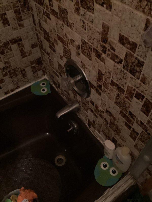 Responded to no-water complaint affecting both exterior hose spigot and interior shower fixture. Upon inspection, identified copper supply line issue within vertical plumbing chase between floors. Assessed bathroom fixtures including tub/shower valve assembly and traced water supply through wall cavity to determine source of service interruption. Documented existing tile conditions showing moisture-related deterioration and verified fixture mounting hardware. Examined copper piping run secured with metal brackets through wooden chase structure to locate supply problem. Restored water service to both affected fixtures.