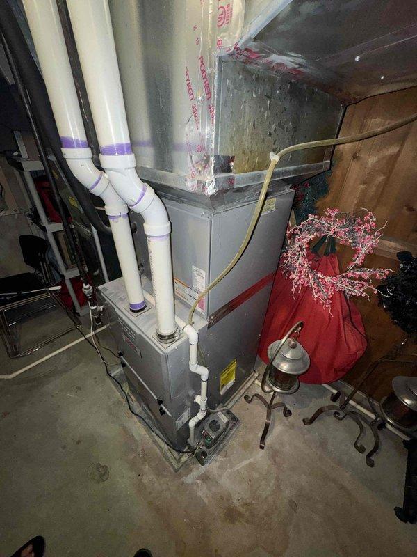 Returned to property to document existing HVAC equipment for estimate preparation. Photographed Rheem Professional water heater installation in basement utility area, including all connected plumbing components, copper piping, blue-handled valves, and black exhaust venting. Documented residential furnace system with white PVC venting pipes secured with mounting straps and metal ductwork connections. Captured detailed images of equipment labels, specifications, and current installation configuration to support accurate estimate development.