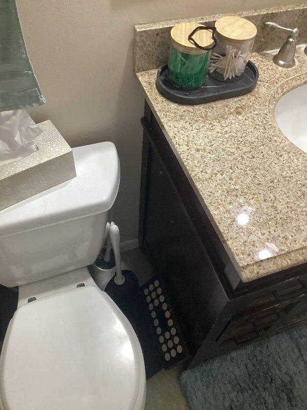 Conducted on-site assessment for bathroom renovation project. Documented existing conditions of full bathroom including toilet, vanity with granite countertop and undermount sink, tub/shower combination with tile surround, built-in corner shelving, window above tub, and all plumbing fixtures. Photographed current layout and fixtures to prepare comprehensive plumbing project estimate for complete bathroom remodel.