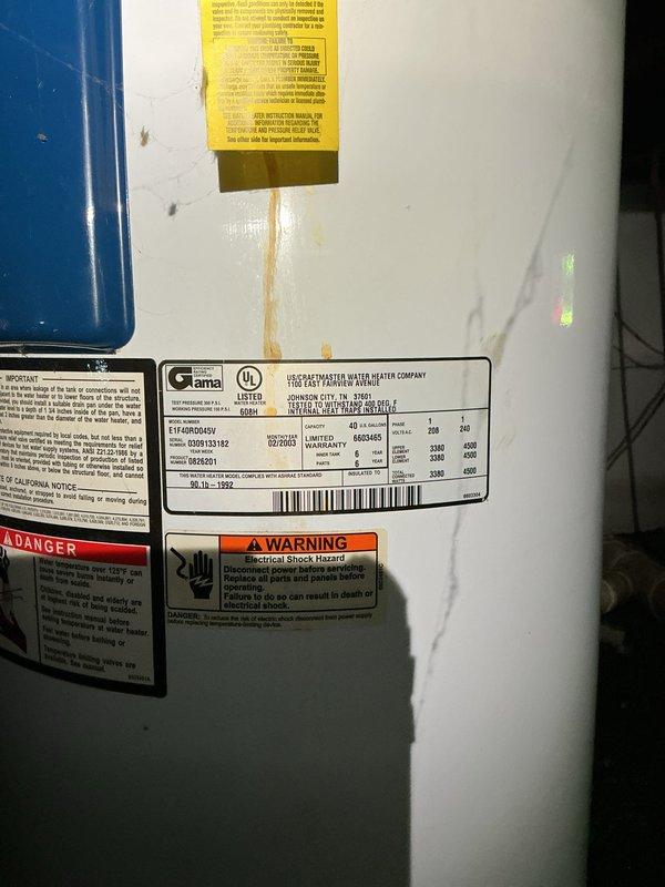 Responded to request for water heater replacement estimate. Inspected existing water heater unit located in crawl space. Unit age unknown but confirmed to be at least 6 years old based on available information. Documented significant rust and corrosion present at base of tank with orange-brown staining extending upward from bottom seam, indicating moisture exposure and deterioration. Observed water damage and discoloration on concrete floor surrounding unit. Photographed equipment labels, serial information, and extent of corrosion damage for estimate preparation. Provided replacement options for new water heater installation.