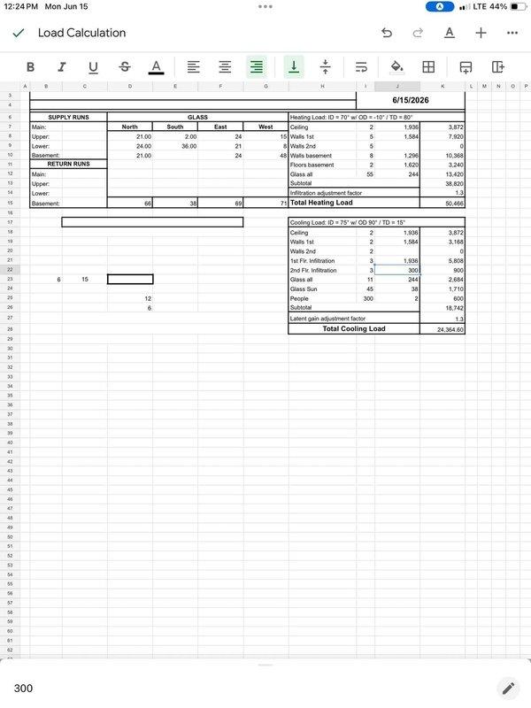 Responded to no cooling complaint on 15-year-old York system affecting entire home. Upon inspection, identified leaking system requiring full equipment replacement. Performed load calculation for proper equipment sizing, determining heating load of 50,469 BTU and cooling load of 24,364 BTU. Added refrigerant charge to restore temporary cooling operation until replacement can be scheduled, with charge to be credited toward new system installation.