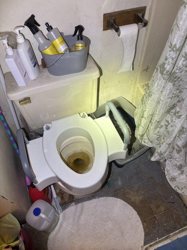 Responded to plumbing leak complaint with water infiltrating kitchen ceiling light fixture from bathroom above and additional water accumulation on kitchen floor. Conducted thorough inspection of bathroom fixtures, including bathtub, shower assembly, toilet, and associated plumbing connections in forty-year-old condo unit. Documented conditions of bathroom plumbing fixtures and surrounding areas with photographic evidence showing aged fiberglass shower surround, chrome fixtures, toilet installation, and deteriorated wall conditions that may contribute to moisture intrusion. Due to customer's inability to access basement area, leak source determination was limited to upper-level bathroom inspection; recommended follow-up investigation of basement plumbing lines and drainage systems to identify definitive source of water infiltration affecting kitchen below.