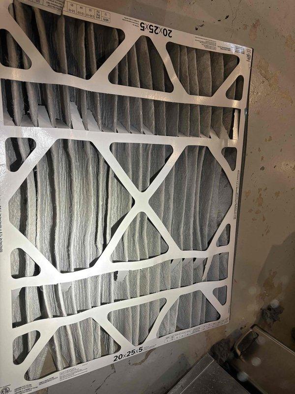 Responded to no-cool call and performed system diagnostics. Found severely clogged air filters (20x25x5) restricting airflow to the system, preventing proper operation. Removed dirty filters showing significant dust accumulation and debris buildup. Replaced with new filters, restored system airflow, and verified unit operation. System now cooling properly with adequate airflow through condenser unit.