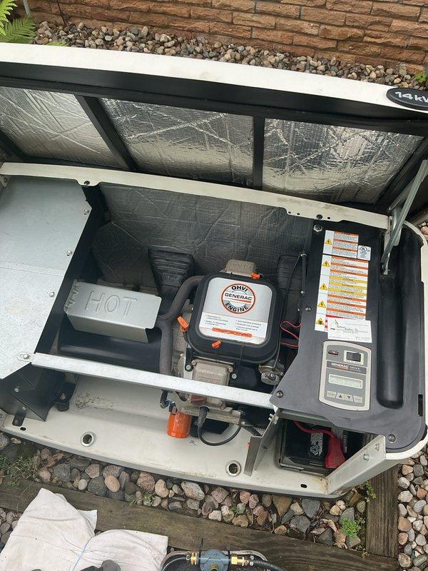 Completed comprehensive tune-up service on 10-year-old Generac residential standby generator unit. Performed routine maintenance including inspection of internal components, engine compartment, fuel system, air filtration assembly, and electrical connections. Verified proper operation of all safety systems, control panel functionality, and exhaust components, with unit returning to normal operating condition upon completion.