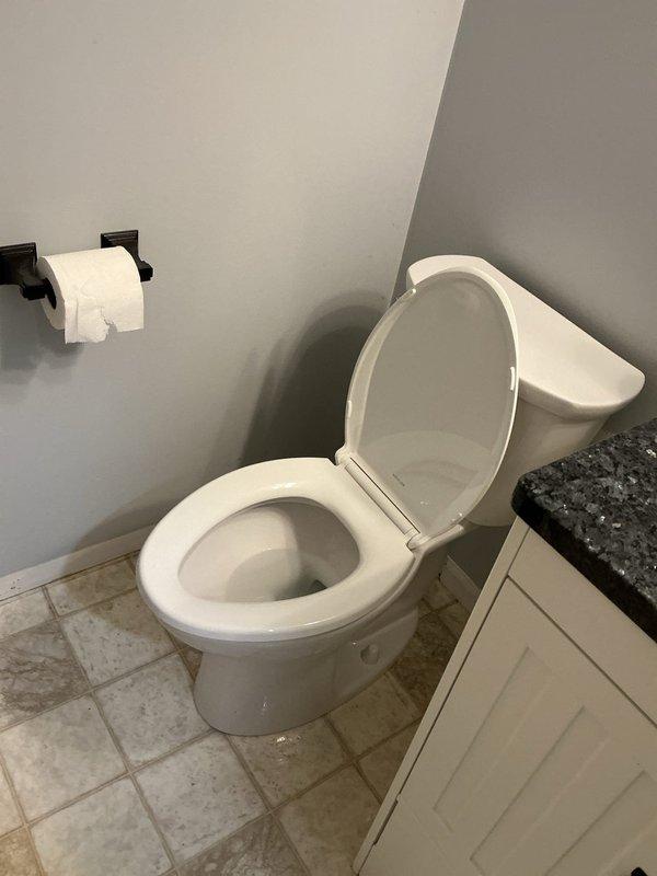 Completed toilet installation in residential bathroom. New white porcelain two-piece toilet installed and secured to floor flange with proper wax ring seal. Verified flush mechanism operates correctly and checked for leaks at water supply connection and base. Toilet positioned in corner location with adequate clearance from adjacent vanity and walls.