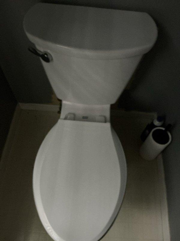 Completed toilet installation in residential bathroom. New white porcelain two-piece toilet installed and secured to floor flange with proper wax ring seal. Verified flush mechanism operates correctly and checked for leaks at water supply connection and base. Toilet positioned in corner location with adequate clearance from adjacent vanity and walls.