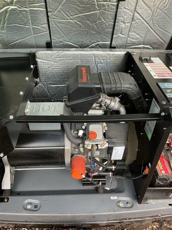 Completed routine maintenance and tune-up on natural gas standby generator with no operational issues reported. Performed oil change, inspected all mechanical and electrical components including heat exchanger coils, motor assembly, fuel connections, and control panel with indicator systems. All systems verified functioning properly with secure connections, proper insulation, and clean operational status maintained throughout unit.
