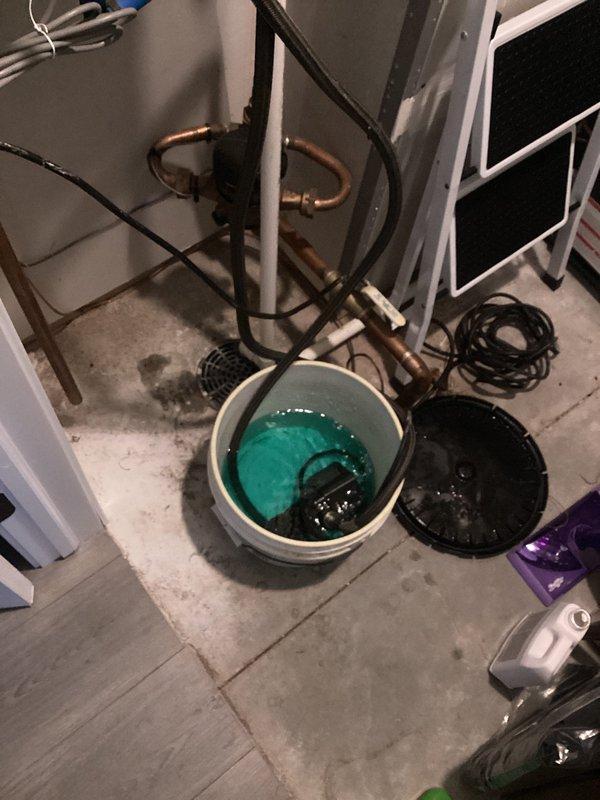 Responded to no hot water complaint on five-year-old A.O. Smith tankless water heater. Upon inspection, found unit experiencing complete failure to produce hot water. Performed descaling maintenance procedure using cleaning solution to remove mineral buildup from heat exchanger, as evidenced by the turquoise descaling fluid and service equipment visible during the process. Flushed system through copper service lines, cleared scale deposits, and restored unit to proper operating condition. Tested all connections and verified hot water delivery restored to normal function.