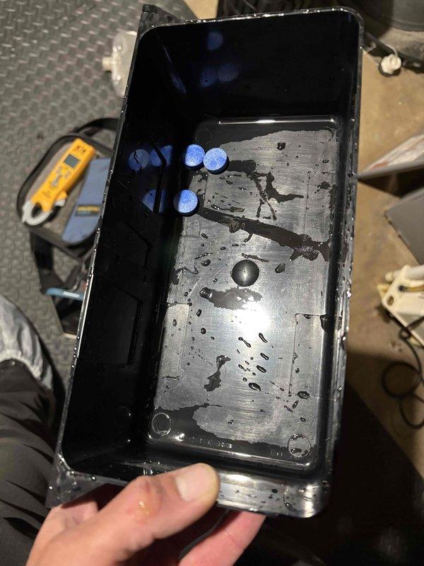 Completed annual cooling maintenance on ICP system. During inspection, discovered severely deteriorated condensate drain pan with extensive corrosion, cracking, and compromised structural integrity. Pan exhibited heavy scale buildup, debris accumulation, and complete coating failure exposing underlying metal substrate. Documented damage with photos and recommended immediate drain pan replacement to prevent water damage and system failure.