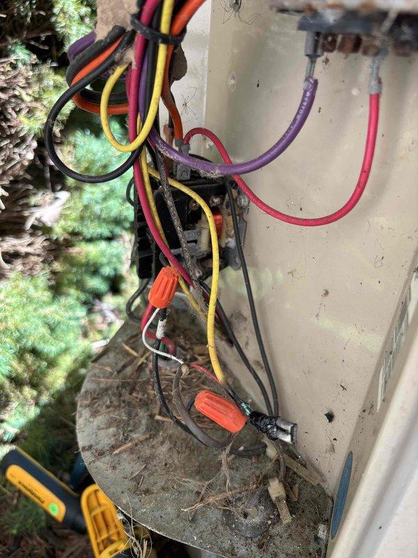 Responded to no cooling complaint on 29-year-old Lennox air conditioning system. Upon inspection, found severely oxidized and deteriorated contactor with compromised electrical connections at the outdoor condensing unit. Contactor terminals showed extensive tarnishing and heat damage, preventing proper compressor operation. Replaced failed contactor assembly and verified all electrical connections were secure. Tested system operation and confirmed compressor engagement, proper amperage draw, and adequate cooling air discharge at supply registers. Unit restored to normal cooling operation.