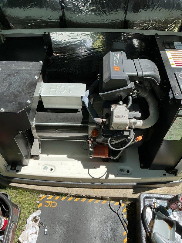 Completed scheduled tune-up maintenance on 5-year-old Generac generator unit. Performed comprehensive inspection of internal components including motor assembly, capacitor, valve systems, and electrical connections. All components found to be in proper working condition with connections secure and system operating within normal parameters.