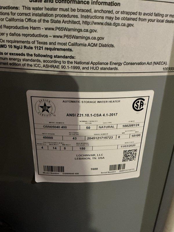 Responded to customer inquiry regarding the feasibility of adding a blower to their existing 6-year-old Lochinvar natural gas water heater, Model GSN05040 400, Serial Number 40000, 50-gallon capacity. Conducted on-site assessment of the unit located in unfinished basement area. Inspected water heater installation, reviewed manufacturer specifications, and evaluated existing venting configuration. Documented current installation with photographs showing unit condition and surrounding workspace. Determined compatibility requirements and provided technical consultation to customer regarding blower addition options for their specific Lochinvar model.