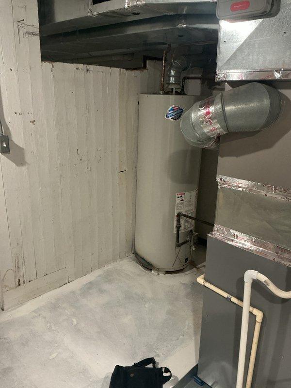 Provided comprehensive estimate for water heater replacement options on 15-year-old 65-gallon conventional tank unit showing signs of age and deterioration. Evaluated existing installation including venting configuration, copper supply lines with foam insulation, and surrounding area exhibiting moisture damage and wall staining. Presented comparison pricing for both tankless conversion system and traditional tank water heater replacement, documenting current conditions through photographic assessment.