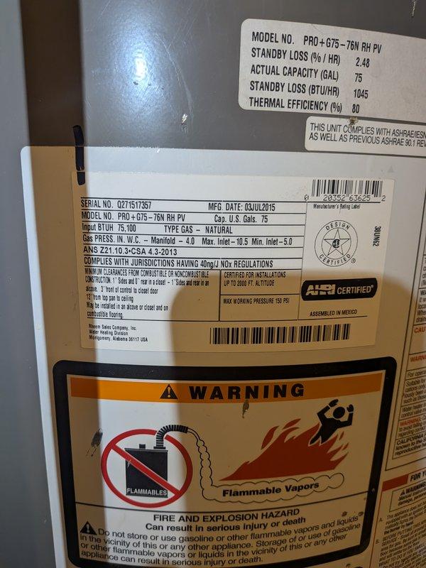 Responded to no hot water complaint on 11-year-old Rheem water heater. Upon arrival, found unit to be a Rheem Professional Plus Series natural gas water heater, Model PRO+G75-76N RH PV, 75-gallon capacity, manufactured July 2015. Performed diagnostic evaluation of gas control valve, thermocouple, and pilot assembly. Confirmed pilot light status and tested gas supply line pressure. Identified failed component preventing proper heating operation. Restored unit to full operational status with hot water production confirmed before departure.