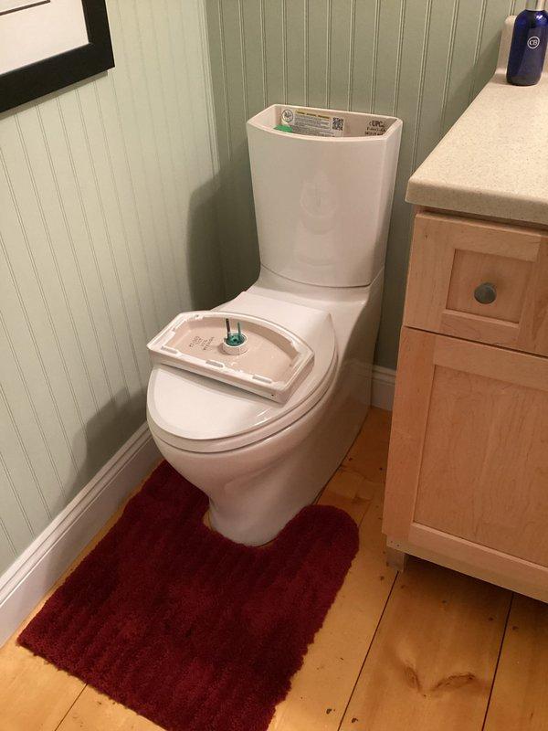 Installed client-supplied dual-flush toilet with elongated bowl design in bathroom with beadboard paneling. Diagnosed and resolved shower diverter malfunction that was preventing water flow to tub spout, restoring proper function to dual-head shower system with handheld attachment. All fixtures tested and confirmed operational upon completion.