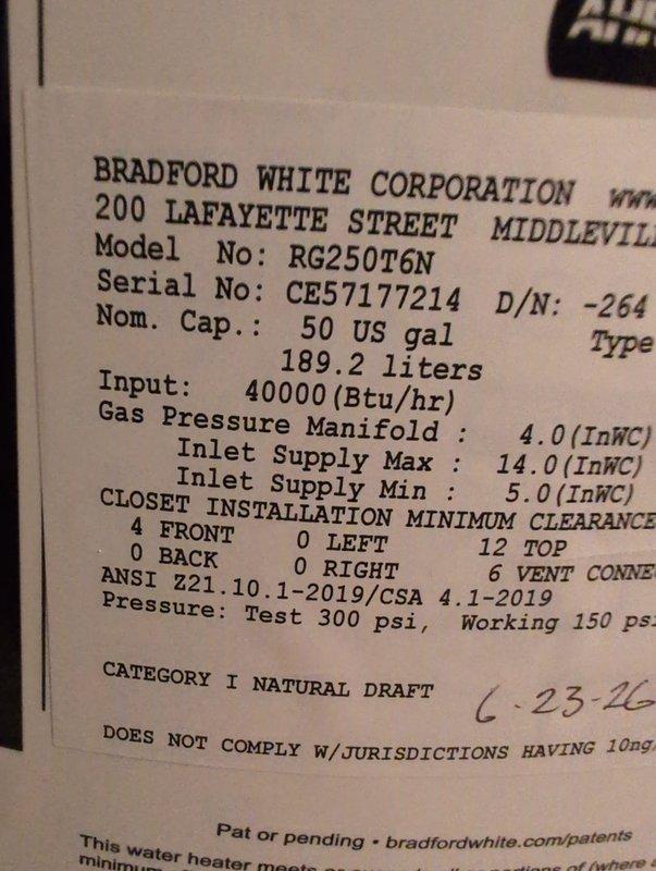 Installed a Bradford White 50-gallon natural gas water heater, model RG250T6N, with 40,000 BTU/hr input rating in residential basement utility area. Connected copper supply and discharge piping to unit, installed blue expansion tank, and verified all connections to existing plumbing system. Ensured proper clearances per manufacturer specifications and confirmed natural draft venting configuration meets code requirements.