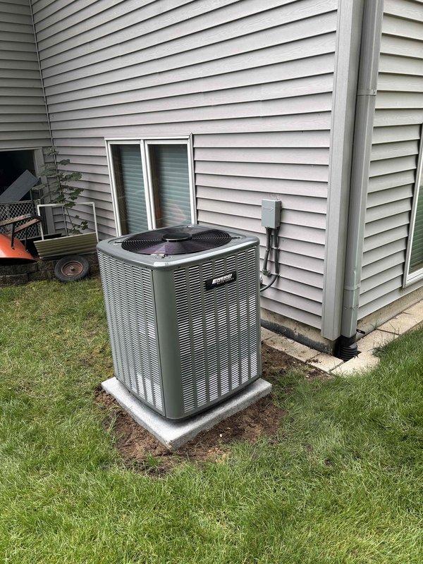 Completed full residential air conditioning system replacement. Removed existing outdoor condensing unit and installed new high-efficiency AC condenser on prepared concrete pad with proper clearances from structure. Ran new refrigerant lines and electrical conduit to exterior wall, installed disconnect box, and made all necessary electrical connections per manufacturer specifications. Verified proper system operation, refrigerant charge, and airflow upon startup.