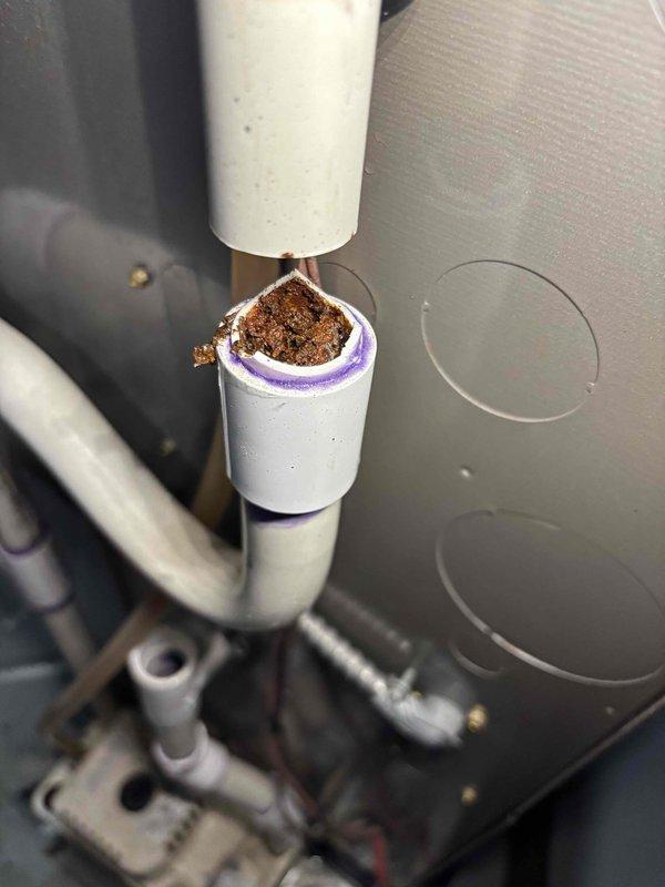 # Thermostat Power Issue and Condensate Drain Line Failure

Responded to service call for air conditioning system not activating with "power not detected" error displayed on thermostat. Upon arrival, performed diagnostic inspection of HVAC system and thermostat wiring. During investigation, discovered severely corroded and failed condensate drain line that had compromised system operation. The white PVC condensate pipe showed extensive internal corrosion and structural failure, with oxidized material completely blocking the drain path.

Documented the failed condensate drain piping and corrosion damage affecting the air handler unit. The blockage and pipe deterioration had triggered the system's safety shutdown mechanism, preventing AC operation and causing the thermostat power error. Inspected associated refrigerant lines, electrical connections, and air handler components for additional damage or concerns. Provided customer with photographic documentation of the corroded drain line f