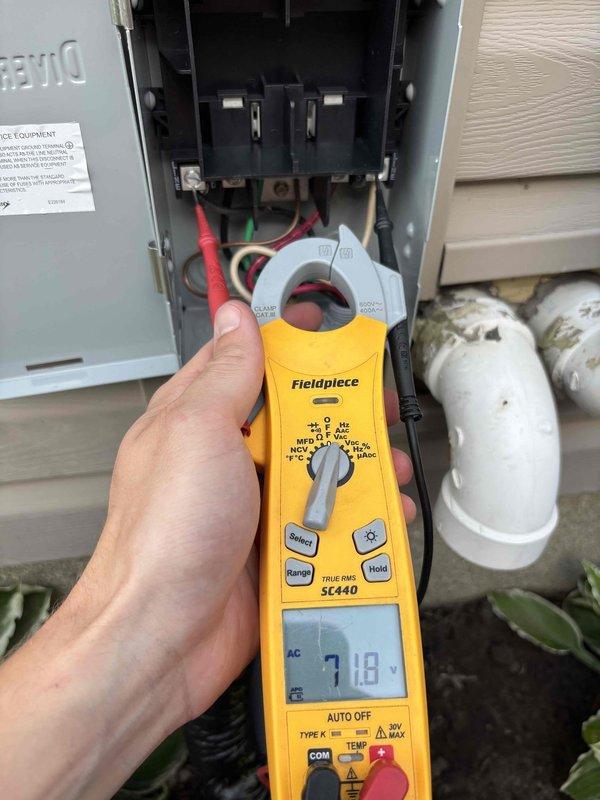# NC-No Cool Service Completed

Responded to no cooling call for air conditioning unit not turning on. Upon arrival, performed electrical diagnostics at outdoor disconnect box. Used clamp meter to measure amperage draw, recording readings of 1.14A and 7.8A at the electrical panel and contactor. Inspected electrical connections, circuit breakers, and contactor operation within the outdoor disconnect. Verified power supply to unit and checked for proper voltage and current flow through the system components.