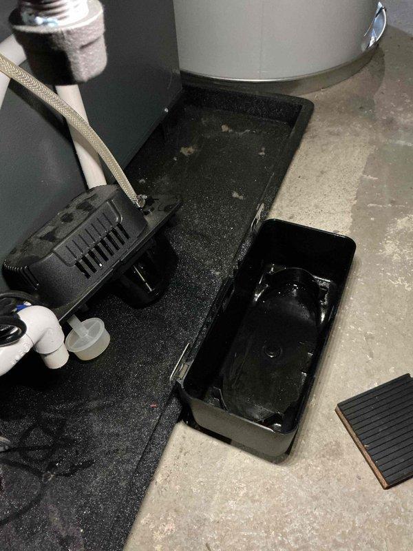Completed annual cooling maintenance on 13-year-old EnergiAir system. Inspected condensate drainage system including pump assembly and overflow pan in mechanical room; noted standing water in drainage pan and verified pump operation. Documented equipment condition with photos showing condensate management components, drainage infrastructure, and overall system setup for maintenance records.