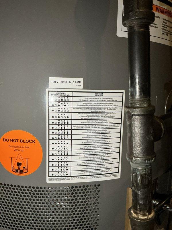 Responded to service call for water heater experiencing intermittent shutdowns and lockouts occurring every other day, though unit continued producing hot water between episodes. Upon arrival, conducted visual inspection and documented unit condition with photographs showing gas-fired water heater with standard safety labels and LED diagnostic display panel. Reviewed LED status code chart on control panel to assess potential fault codes. Inspected combustion air inlet openings for proper clearance and verified adequate ventilation. Examined gas control valve, thermocouple, and ignition system components for signs of malfunction. Checked electrical connections at 120V control board and verified proper amperage draw. Assessed flue venting system and confirmed proper draft operation. Unit age and manufacturer information could not be determined from available data plate information. Documented all findings and provided customer with contact information for follow-up.