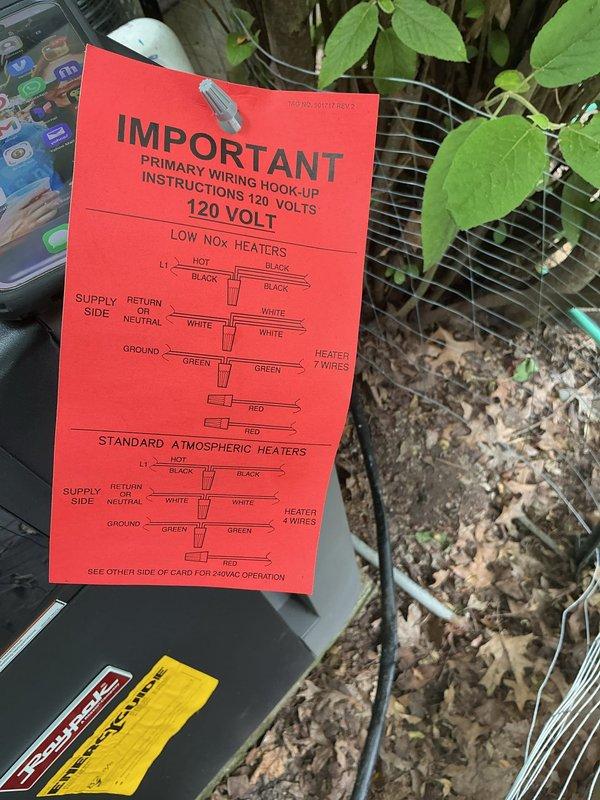 Responded to electrical wiring requirement for new pool heater installation at residential property estimated to be 45-50 years old. Accessed property via garage entry as arranged and proceeded to pool heater location. Assessed electrical requirements and reviewed manufacturer's primary wiring hook-up instructions for proper 120/240V configuration. Documented wiring specifications including supply side connections, return/neutral pathways, ground wire placement, and heater wire configurations for compliance with both low NOx and standard atmospheric heater systems. Photographed installation instructions showing color-coded wire diagrams (black, white, green, red) to ensure proper electrical connections upon heater unit arrival. Site prepared for final wiring connection once pool heater equipment is installed by pool contractor within next few days. Work area left secure and ready for completion of electrical hook-up following heater placement.