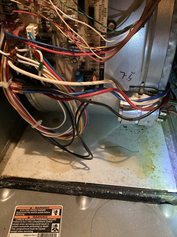 # NC-No Cool Service Call - 14-Year Carrier Unit

Responded to no cooling complaint on 14-year-old Carrier system that was completely non-operational. Upon arrival, performed systematic diagnostic evaluation of the HVAC system to identify failure points.

Opened access panels and inspected interior components including control board, wiring harnesses, and electrical connections. Documented existing conditions showing multiple colored wires (red, white, blue, black, brown, green) connecting from control board to various terminals and components throughout the unit. Observed evidence of moisture infiltration in drain pan with visible water staining, discoloration, rust, and mineral deposits indicating previous or ongoing condensate management issues.

Examined blower motor assembly, gas valve controls with purple/blue accenting, heat exchanger with bronze/copper finish, and all associated mounting hardware. Verified proper wire routing and connection integrity across all electrical compo