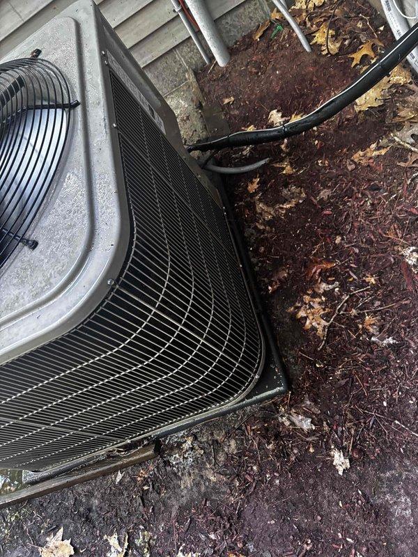 Completed annual cooling maintenance on 9-year-old Bryant air conditioning system. Performed comprehensive tune-up including inspection of outdoor condenser unit, verified proper operation of fan assembly and protective grilles, examined condenser coil fins for damage or debris accumulation, and assessed refrigerant line connections. Documented equipment condition with photographs showing unit positioned on concrete pad with adequate clearance from building structure. System operating within normal parameters upon completion of preventive maintenance service.