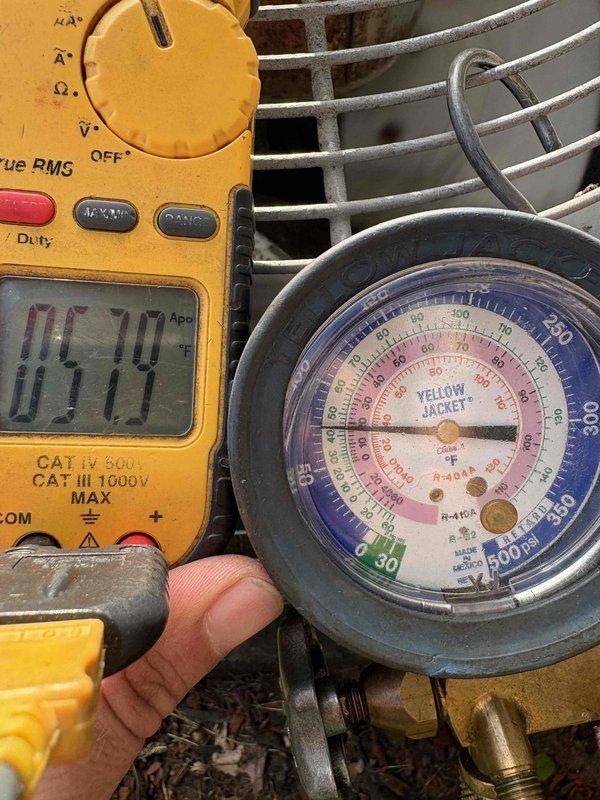 Completed annual AC tune-up on 2014 system. Performed standard diagnostic testing using digital multimeter and manifold gauges to verify R-410A refrigerant pressures and electrical readings. Upon inspection, discovered severe corrosion and oxidation on evaporator coil with extensive rust deterioration throughout the serpentine fins, indicating advanced age and likely moisture exposure over the 10-year service life. System currently operational but coil condition warrants monitoring and potential replacement consideration in near future to prevent refrigerant leaks and efficiency loss.