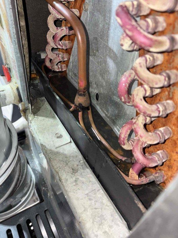 Completed annual AC tune-up on 2014 system. Performed standard diagnostic testing using digital multimeter and manifold gauges to verify R-410A refrigerant pressures and electrical readings. Upon inspection, discovered severe corrosion and oxidation on evaporator coil with extensive rust deterioration throughout the serpentine fins, indicating advanced age and likely moisture exposure over the 10-year service life. System currently operational but coil condition warrants monitoring and potential replacement consideration in near future to prevent refrigerant leaks and efficiency loss.