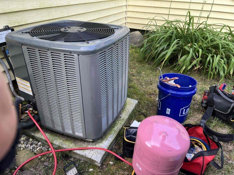 Completed annual cooling maintenance on residential AC system under 2-year EnergiAir warranty agreement. Performed comprehensive tune-up including refrigerant level check and adjustment, verified thermostat operation showing proper cooling mode function at 78°F setpoint, inspected outdoor condenser unit for proper airflow and component condition, and documented system performance with photos. All equipment operating within normal parameters upon completion.