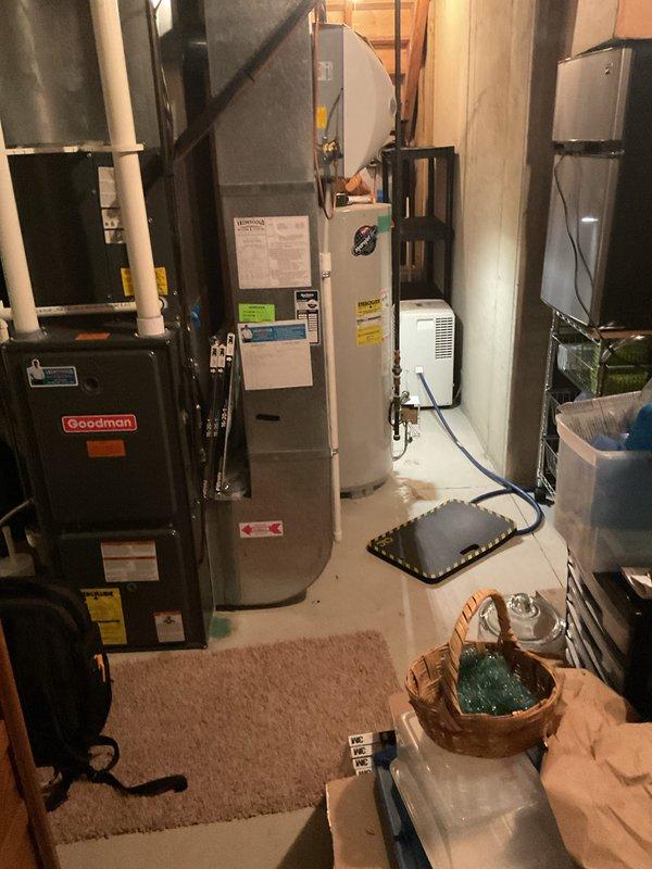 Conducted water heater replacement estimate for a 20-year-old residential unit showing signs of age-related wear. Assessed basement mechanical room conditions, documented existing water heater installation alongside HVAC equipment, and provided replacement recommendations to ensure continued reliable domestic hot water supply.