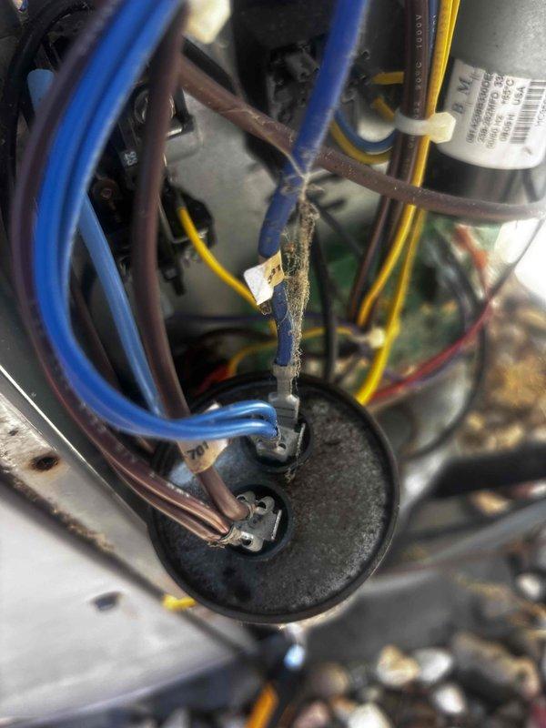 # Carrier Air Conditioner No Cooling - Capacitor and Wiring Repair

Responded to service call for 10-year-old Carrier air conditioning system with complete loss of cooling affecting entire residence. Upon arrival, performed system diagnostics and visual inspection of outdoor condensing unit electrical components.

Inspection revealed failed dual-run capacitor with visible deterioration and compromised wire connections. Further examination identified damaged brown wire conductor with burned and frayed insulation near capacitor terminal connection, indicating electrical arcing or overheating condition. Wire damage showed exposed conductor with heat-affected areas and compromised insulation integrity.

Removed defective capacitor from electrical compartment and disconnected all associated wiring. Repaired damaged wire conductor by cutting back to undamaged section and installing new terminal connector. Verified all remaining wire connections for signs of heat damage or loose terminals.

I