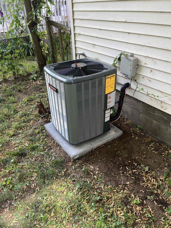Completed full HVAC system replacement including outdoor condenser unit and indoor air handler. Installed new condenser on existing concrete pad with proper electrical disconnect and conduit connections to exterior wall. Mounted air handler in attic space with secure positioning and proper clearances. Connected refrigerant lines between indoor and outdoor units using copper line sets. Installed PVC condensate drain piping with proper pitch and connections. Verified all electrical connections, tested system startup, and confirmed proper operation of both heating and cooling functions. All components labeled appropriately and installation meets manufacturer specifications and local code requirements.